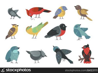Various colorful small birds set. Cute cartoon little sparrow, swallow, bullfinch, thrush, tit isolated on white. Vector illustration for wildlife, nature, animal concept