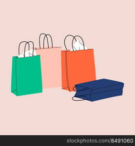 Various Colorful stack paper Shopping or gift bags with various craft paper. Cartoon sacks for purchases, presents. Hand drawn colored flat vector illustration. Shopping, sale concept
