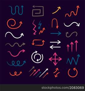Various Colorful Style Arrow Set.dark Background. Cute Minimal Arrow Direction Pointer Sign