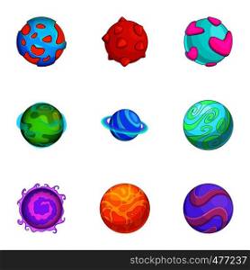 Various comic planets icons set. Cartoon set of 9 various comic planets vector icons for web isolated on white background. Various comic planets icons set, cartoon style