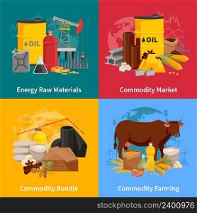 Various commodities flat 2x2 design concept with farming products and materials of industrial processing vector illustration . Commodity Flat 2x2 Design Concept