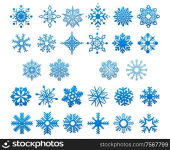 Various cool blue snowflakes set isolated on white for New Year and Christmas design