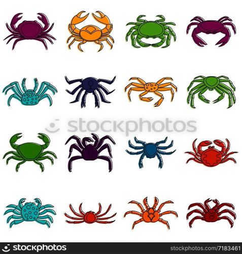 Various crab icons set. Doodle illustration of vector icons isolated on white background for any web design. Various crab icons doodle set