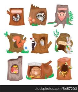 Various cute animals in hollows flat set. Cartoon birds, bees, owl, rabbit and squirrel in trunk hole isolated on white background vector illustration collection. Wildlife and nature concept