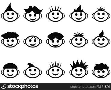 various cute cartoon kids face with hair style icons on white background