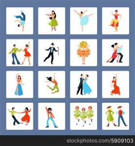 Various Dance Styles Flat Icons. Various styles solo and pairs dancing with social ethnic and latin dances isolated vector illustration