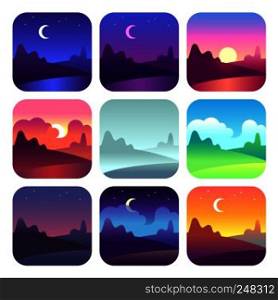 Various day times. Early morning sunrise and sunset, noon and dusk night. Sun and moon time countryside landscape vector icons. Different day times. Early morning sunrise and sunset, noon and dusk night. Sun time countryside landscape vector icons