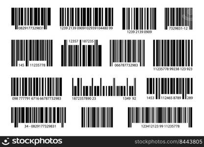 Various digital bar code set. UPC price samples, item labels and product stickers vector illustration collection. Information, sale and packaging concept