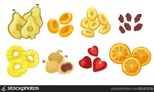 Various dried fruits cartoon illustration set. Dried fig, apricot, pear, pineapple, apple, orange, strawberry, raisin and prune isolated on white background. Tropical fruit, food concept