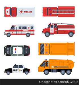 Various emergency vehicles flat icon set. Cartoon police car, ambulance, firefighters automobile, garbage truck isolated vector illustration collection. Urban special transport concept