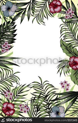 Various event invitation card template. Exotic tropical jungle rainforest green palm tree and monstera leaves hibiscus flowers border frame on the white background. Vertical layout