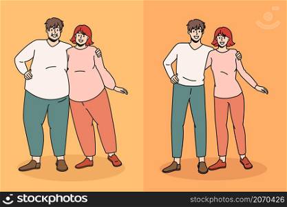 Various family figure state concept. Young smiling fat overweight and slim sporty fit couple standing hugging each other feeling positive vector illustration . Various family figure state concept.