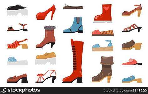 Various fashionable footwear flat icon set. Cartoon stylish elegant and casual shoes, seasonal boots, summer sandals isolated vector illustration collection. Fashion and footgear concept