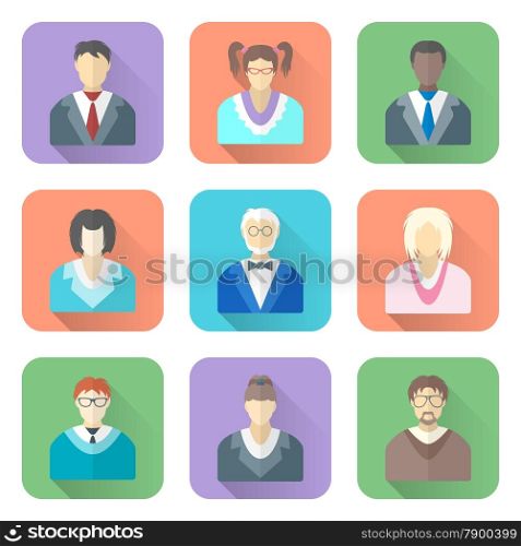 various flat design people in glasses icons set. vector colored flat style various people in glasses icons set long shadows