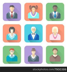 various flat design people in glasses icons set. vector colored flat style various people in glasses icons set long shadows