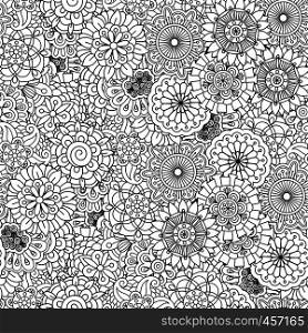 Various floral circular shapes as seamless pattern with subtle heart and radiating wavy objects. Various floral circular shapes in seamless pattern