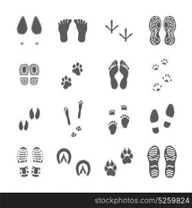 Various Footprints Set Black On White . Human footwear and soles imprints birds feet and animal paws black prints collection white background vector illustration