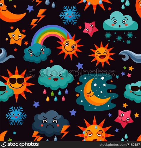 Various funny weather icons set. Cartoon seamless pattern with sun and rain clouds, vector illustration. Various funny weather icons set. Cartoon seamless pattern