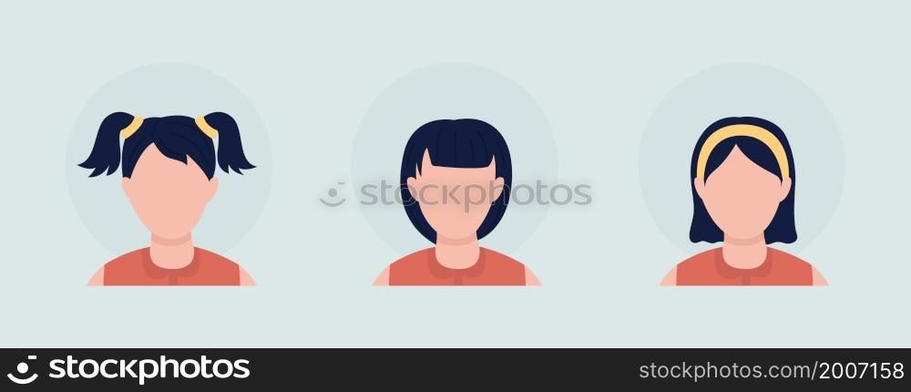 Various girl hairstyles semi flat color vector character avatar set. Casual style. Portrait from front view. Isolated modern cartoon style illustration for graphic design and animation pack. Various girl hairstyles semi flat color vector character avatar set