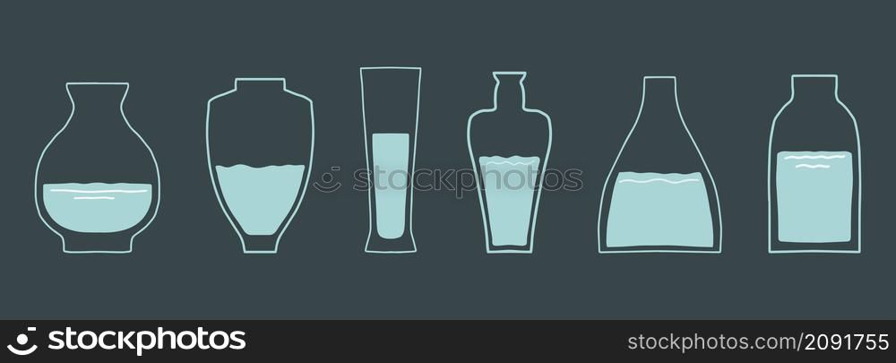 Various glass vases. Various shapes. Hand drawn vector set. Fashionable illustration. All elements are isolated. Various glass vases. Various shapes. Hand drawn vector set. Fashionable illustration.