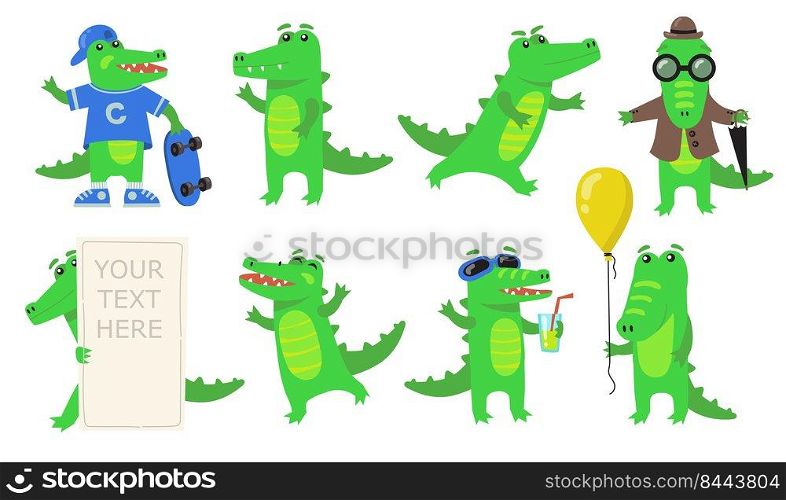 Various green crocodile characters flat icon set. Cartoon funny alligator or wild amphibian reptile in different poses isolated vector illustration collection. Animals and mascot concept