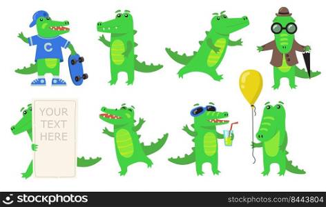 Various green crocodile characters flat icon set. Cartoon funny alligator or wild amphibian reptile in different poses isolated vector illustration collection. Animals and mascot concept