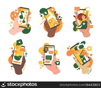 Various hands holding smartphones with app set. Modern cartoon portable gadgets, mobile phones and arm vector illustration collection. Communication and digital technology concept