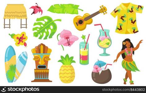 Various Hawaii symbols flat icon set. Hawaiian totem, tribal mask, guitar, girl and bungalow isolated vector illustration collection. Culture and travel concept