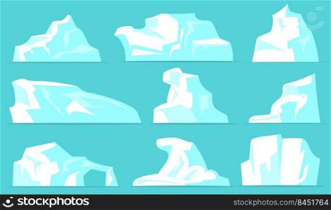 Various icebergs set. White icy mountains with crystal snow isolated on pale blue background. Vector illustrations collection for arctic landscape, north pole, Antarctic nature concept