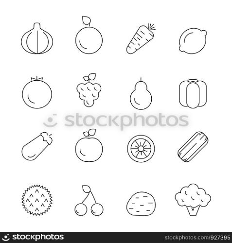 Various icons of fruits and vegetables. Vector linear pictures organic vegetarian ingredient carrot and eggplant, cherries and nutrient illustration. Various icons of fruits and vegetables. Vector linear pictures