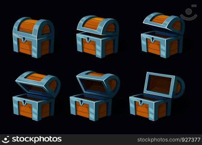 Various key frames animation of wooden chest or box. Vector cartoon pictures wood ancient box closed illustration. Various key frames animation of wooden chest or box. Vector cartoon pictures
