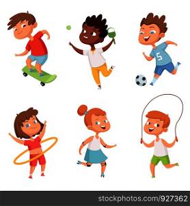 Various kids in active sports. Vector characters isolate on white background. Illustration of sport boy and girl, kids skipping rope, playing ball. Various kids in active sports. Vector characters isolate on white background