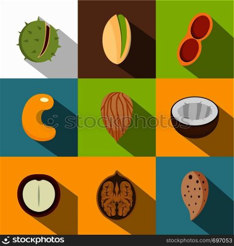 Various kinds of nuts icons set. Flat set of 9 various kinds of nuts vector icons for web with long shadow. Various kinds of nuts icons set, flat style