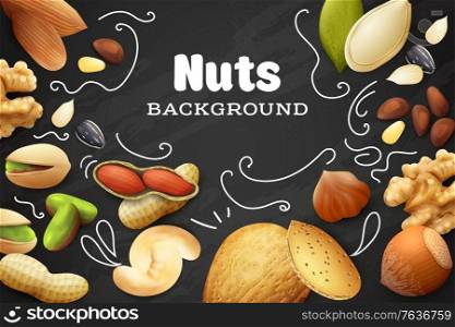 Various kinds of nuts on chalkboard background realistic vector illustration
