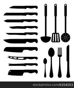 Various kitchen instruments vector illustration with black spoons, fork and soup ladle, set of knives with various blades isolated on white background. Various Kitchen Instruments Vector Illustration