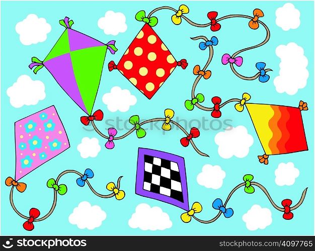 Various kites flying on sky - vector illustration.