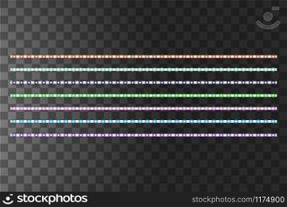 Various LED stripes on a black and transparent background, glowing LED garlands.. Various LED stripes on a black and transparent background, glowing LED garlands