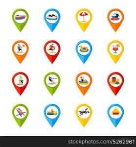 Various Locations Signs Colorful Icons Set . Various summer vacation locations marks signs colorful icons collection with surfing refreshments and beach accessories isolated vector illustration