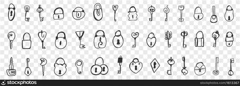 Various locks and keys doodle set. Collection of hand drawn locks with keyholes and keys for opening isolated on transparent background. Illustration of security system for kids . Various locks and keys doodle set
