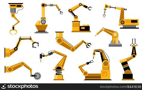Various manufacturing robots arms flat icon set. Mechanical robotic claws isolated vector illustration collection. Industry, science and automation equipment concept