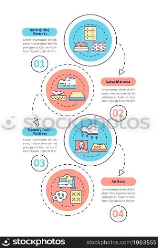 Various mattress models vector infographic template. Choosing bed presentation outline design elements. Data visualization with 4 steps. Process timeline info chart. Workflow layout with line icons. Various mattress models vector infographic template