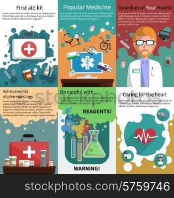 Various medicine pharmacy and healthcare subjects mini poster multicolored set isolated vector illustration. Mini medicine poster muliticolored set