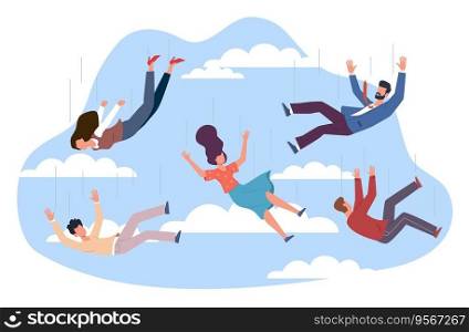 Various men and women fall in sky among clouds. Falling characters in different poses. Movement in air. People in flight motion posture. Cartoon flat style isolated illustration. Vector concept. Various men and women fall in sky among clouds. Falling characters in different poses. Movement in air. People in flight motion posture. Cartoon flat style isolated vector concept