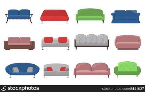 Various modern sofas and couches flat icon set. Front view of comfortable luxury divans for lounge, office, apartment or room vector illustration collection. Interior and design concept