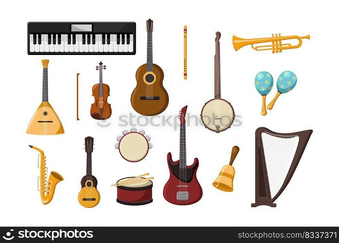 Various musical instruments cartoon illustration set. Accordion, trombone, acoustic and electric guitar, piano, drum, whistle flute, saxophone, harp isolated on white background. Music, hobby concept