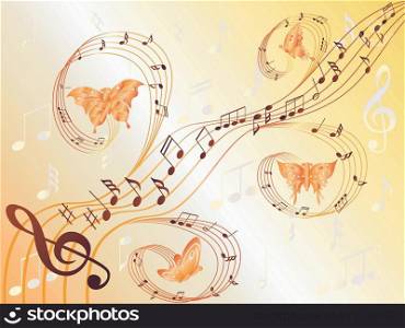 Various musical notes on stave and butterflies flying along, hand drawing stylized vector illustration