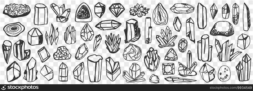 Various natural crystals doodle set. Collection of hand drawn crystals with natural shine of different shapes and textures isolated on transparent background. Illustration of decorative stones . Various natural crystals doodle set