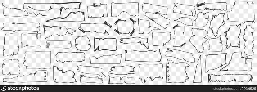 Various paper parchment doodle set. Collection of hand drawn parchment paper with torn edges of various shapes cut in pieces isolated on transparent background. Illustration of forms. Various paper parchment doodle set