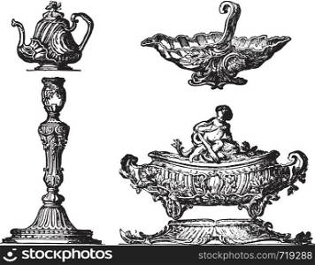 Various parts of a table service, after Pierre Germain, vintage engraved illustration. Industrial encyclopedia E.-O. Lami - 1875.