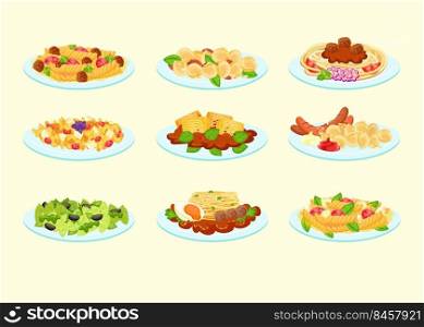 Various pastas served on plates vector illustration set. Cartoon lasagna, tagliatelle bolognese, noodles with meatballs and cheese sauce. Food, macaroni, Italian dish, dinner and meal concept 